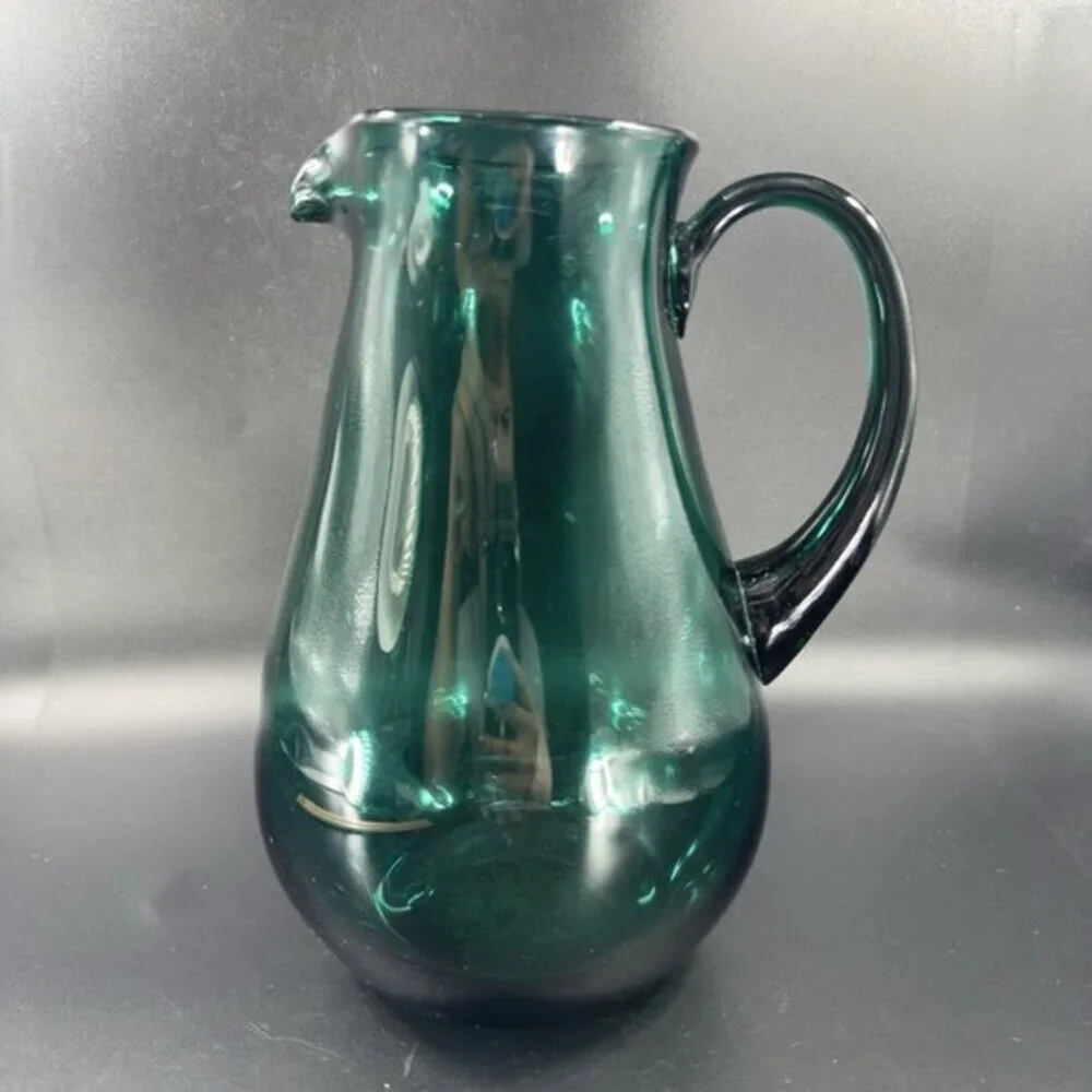 Hortensja Teal Green Blue Hand Blown Glass Pitcher  Made In Poland Vintage Decor